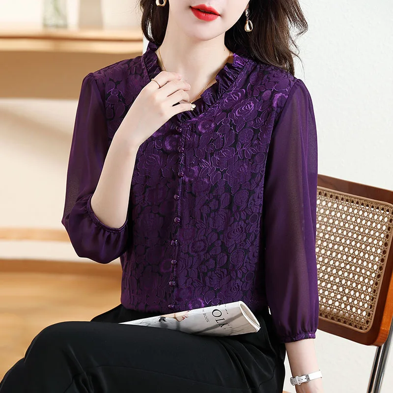 Women French Purple Vintage Lace Blouses Office Lady Elegant Chic Casual Loose Fashion Chiffon Shirts Temperament Top