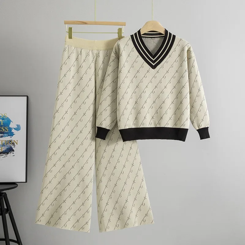 

Spring New Women's Double-Sided Jacquard V-Neck Sweater 2-Piece Set, Women's Wide Leg Pants Set