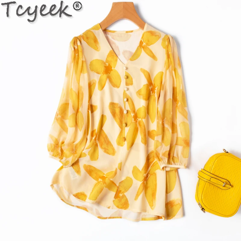 Tcyeek 100% Mulberry Silk Blouse Elegant Female Blouses Fashion Top for Women Clothes 2024 V-neck Womens Tops lantern sleeve