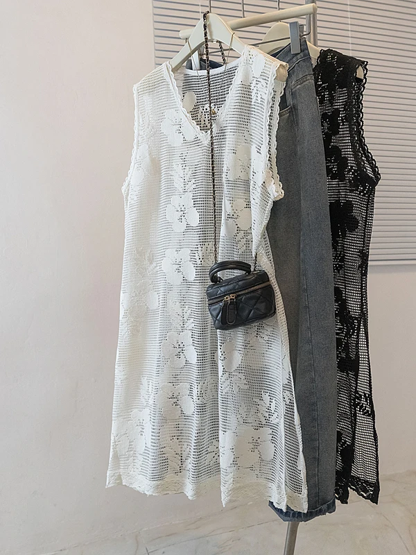 

plus Size Lace Hollow out Vest Women's Casual Sle Mid-Length Base Layer Top for plus Size Women Design Sensation