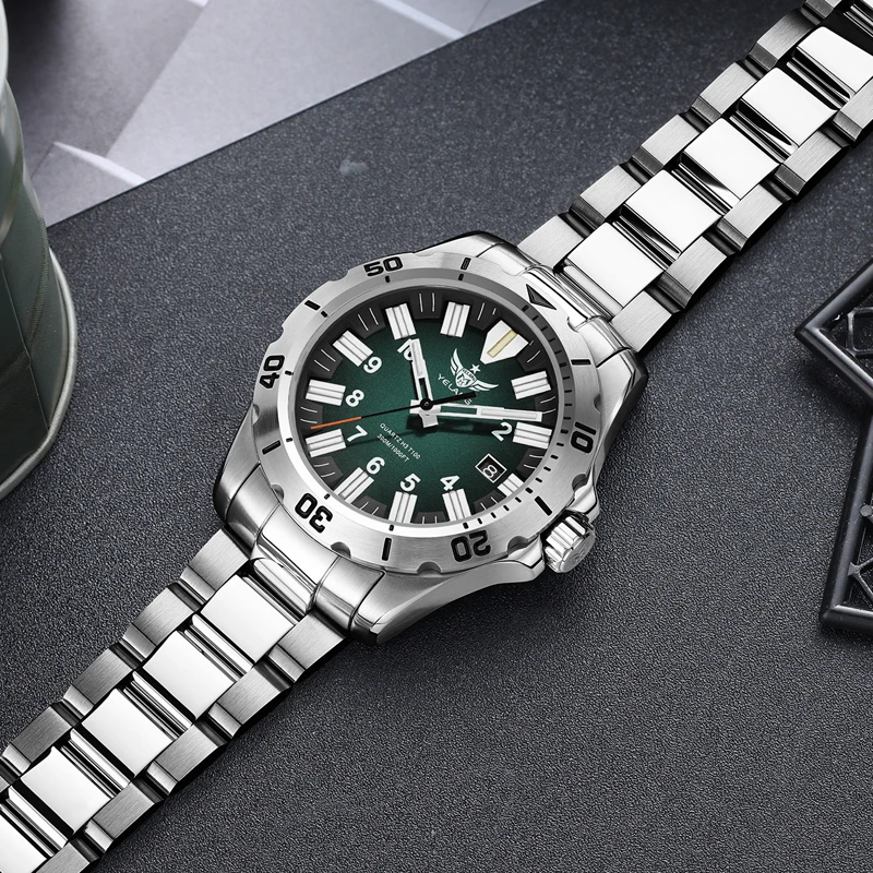 Reloj militar Yelang para hombre, reloj de pulsera de cuarzo de 42MM para buzo, 30ATM, tubos luminosos impermeables, correa de acero con espejo de zafiro Ronda 715Li