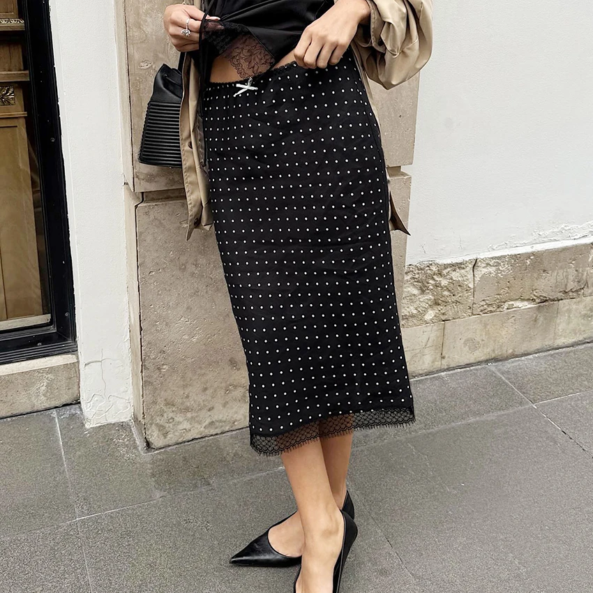 

Linad Street Chic Polka Dot Chiffon Skirts For Women Elegant High Waist Lace Mid Calf Skirt Casual Slim Skirts Lady 2025 Autumn
