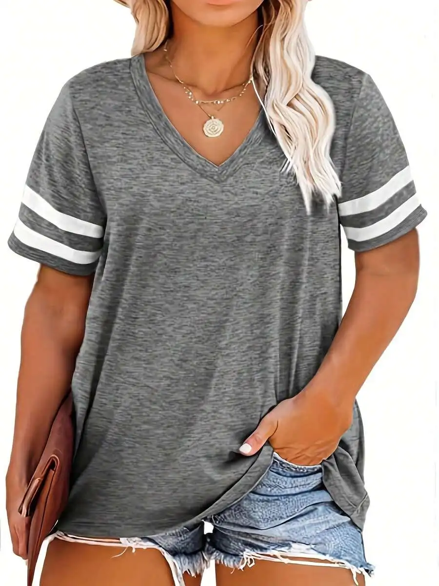 

Plus Size Striped V Neck Short Sleeve T-Shirt For Women Casual Summer Top