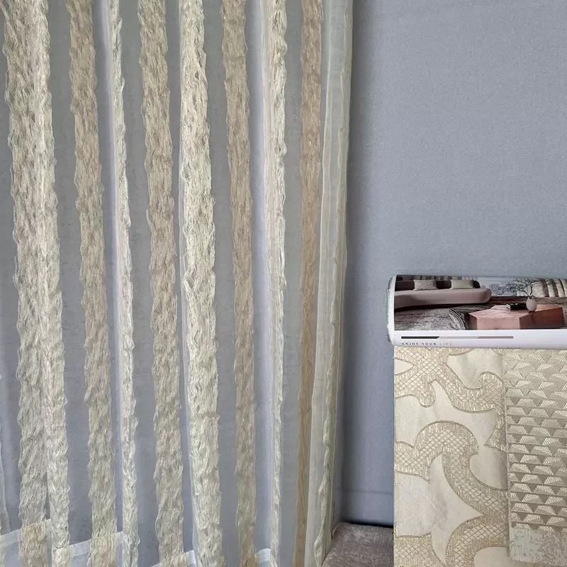 Gilded Retro Stripe Gold Jacquard Window Curtains for Living Room Bedroom French Window Balcony Window Customized White Tulle