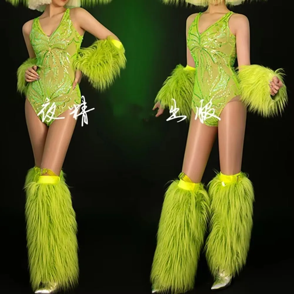 Vrouwen sexy pailletten bodysuit fluorescerend groen pluche manchet + beenbedekking + dansoutfit zanger concert stage party prestatie kostuum