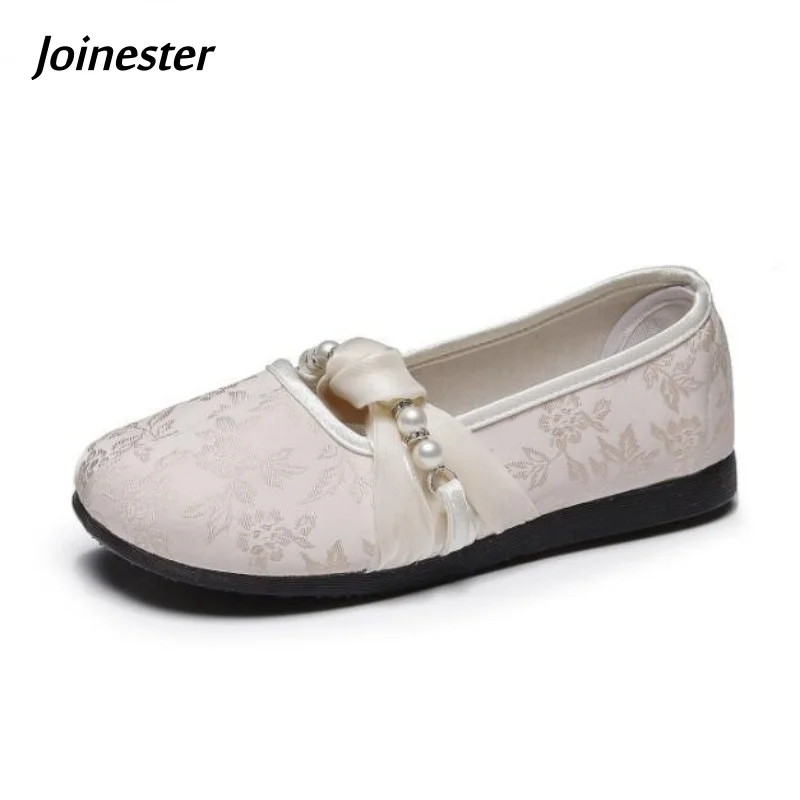 

Chinese Style Fashion Satin Flats with Pearls Spring Summer Slip on Dress Dance Shoe for Women Retro Comfort Loafers