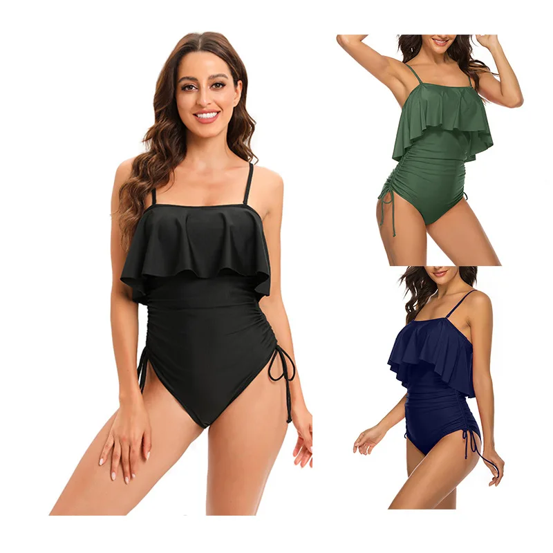 2025年新作 タイト バックレス ラッフルエッジ ワンピース水着 セクシー チューブトップ オフショルダー ドローストリング レディース