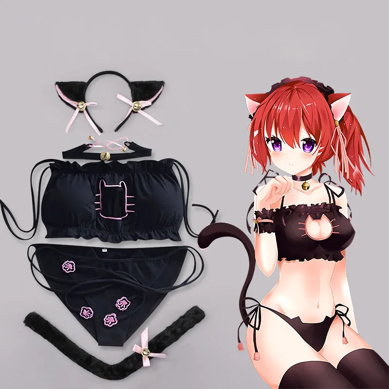 

Women Halloween Maid Cat Cosplay Costume Sexy Lingerie Underwear Set Anime Bra Panties Set Cat Ears Tail Collar Set