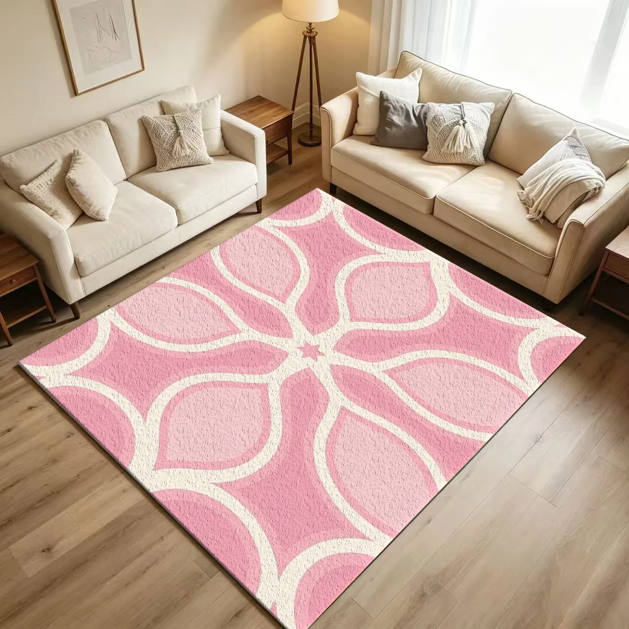Pink Cream Star Floral Tile Carpet Flooring, Symmetric Retro Flower Geometric Non-Slip Area Rug for Bedroom Living Room Decor