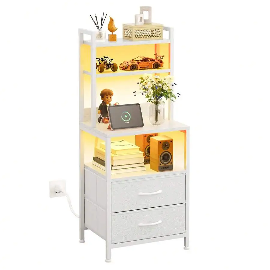 41' Tall LED Nightstand With Charging Station, 2 PU Fabric Drawers 2-In-1 Side Table & Bookshelf, USB & Socket End Table For Bed