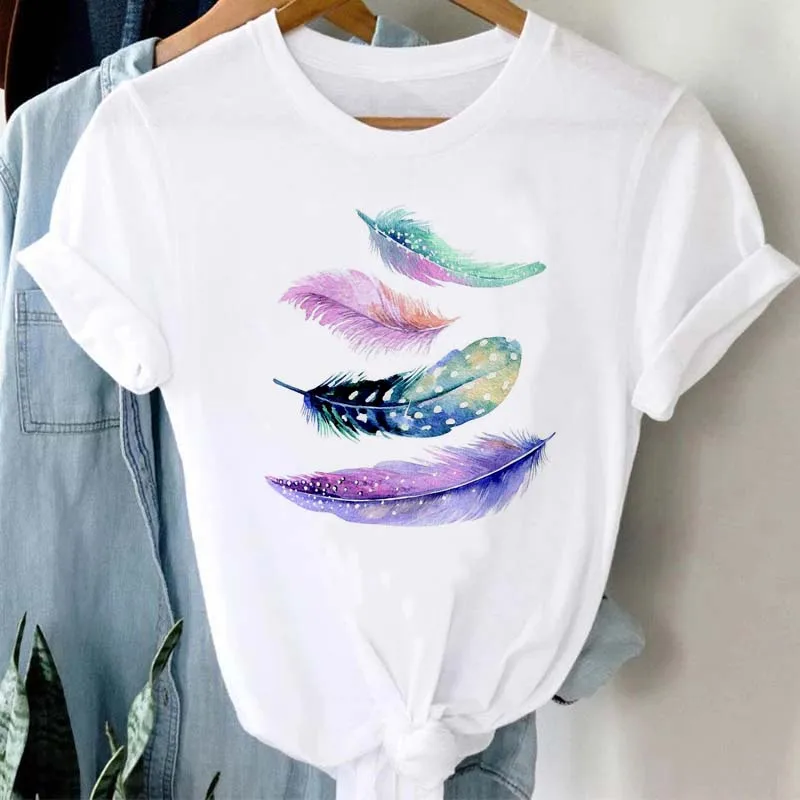 Women's T-shirt Watercolor Feather Graphic Printed T Shirt Women Short Sleeve Tshirt 90s Streetwear Female Clothes Tops