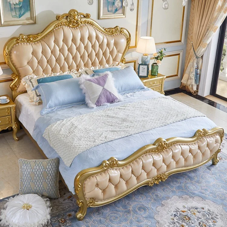 

European master bedroom 1.85 meters double gold, simple European style bedroom high box princess bed solid wood