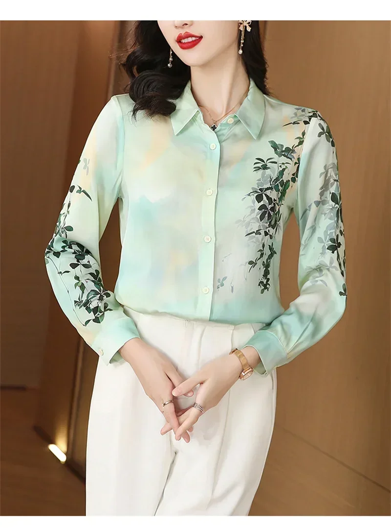 S-4XL Women Lace Up Print Elegant Shirts Spring Fall Office Lady Blouses Casual Long Sleeve Tops Blusa Mujer Moda 2024