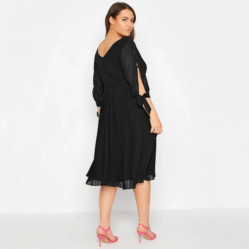 Plus Size 3/4 Sleeve Sexy V-neck Elegant Spring Autumn Formal Party Dress Women Flowy Midi Pleated Dress Night Out Evening Dress