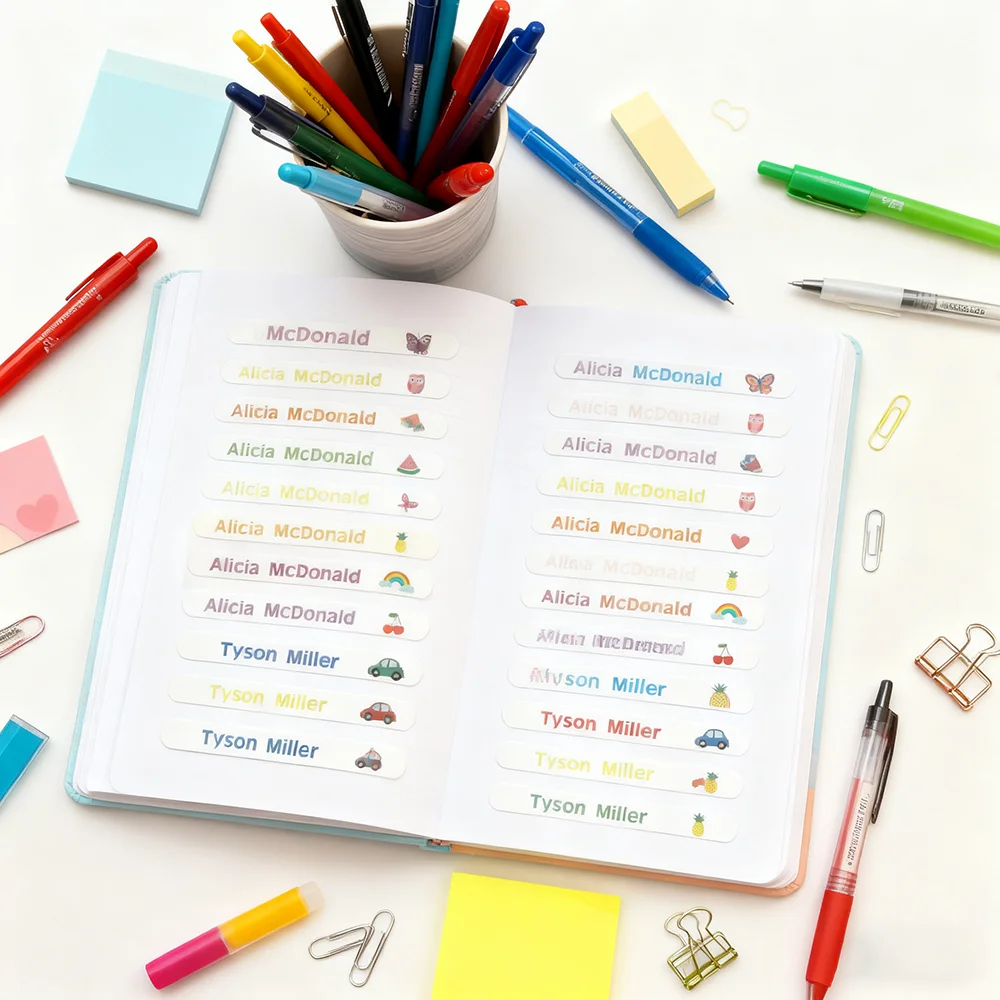 30 pegatinas ecológicas personalizadas para botellas de agua infantiles, etiquetas coloridas personalizadas, pegatinas de papelería