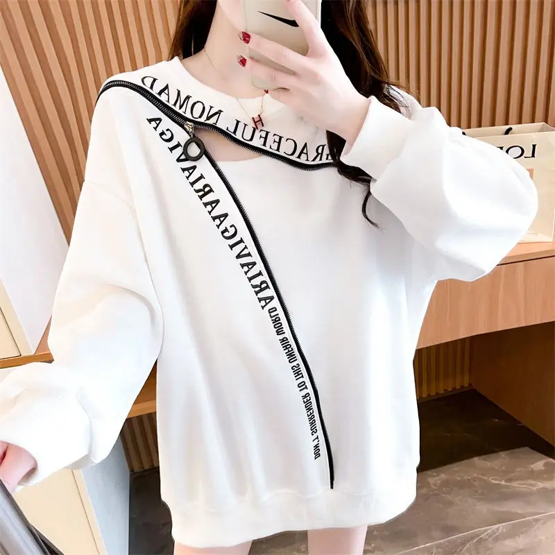 Spring Autumn New Loose Lazy Style Zipper Patchwork T Shirts Hollow Out Letter Print Trend Tops Casual Fashion Women Clothing