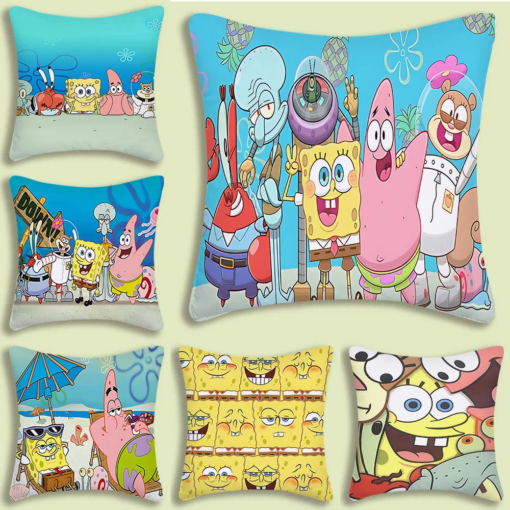 Cartoon S-Spongebob Pillow Covers Cartoon Sofa Decorative Home Double-sided Printing Short Plush Cute Cushion Cover