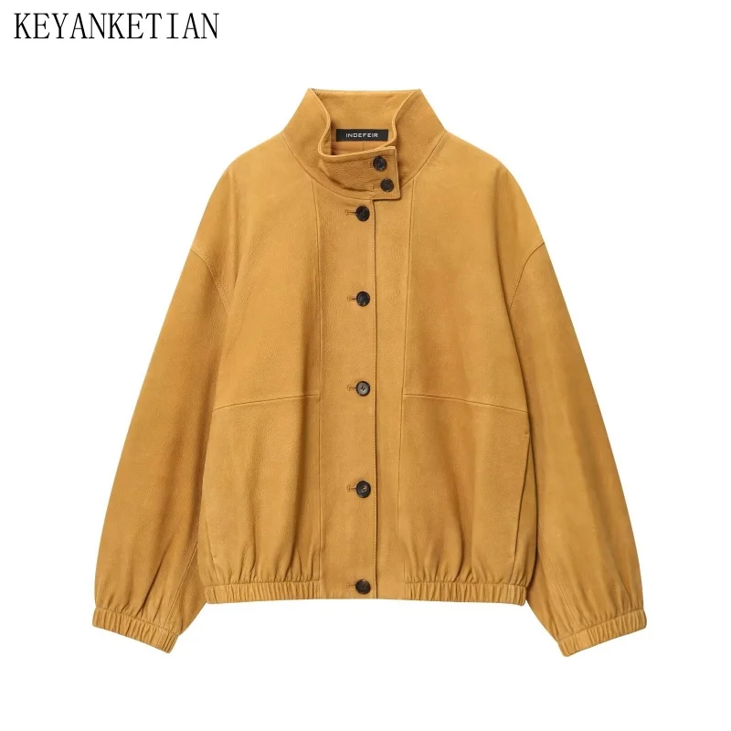 KEYANKETIAN Jesienno-zimowa nowa damska kurtka skórzana wiatroodporna z wysokim kołnierzem zapinana na jeden guzik, kurtka pilotka, płaszcz skórzany damski