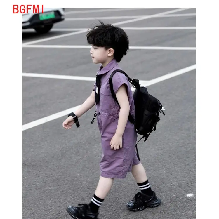 Kids Summer Shorts Overalls Capri Boys Purple Pants and Tie Clothes Boy Baby Jumpsuit 1-10Y Short Sleeved Children's Clothing view 3