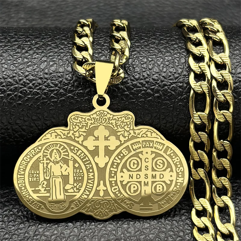 

Catholic Saint Benedict Cross Medal Necklace for Women Men Stainless Steel Gold Silver Color Religious San Benito Chain Jewelry