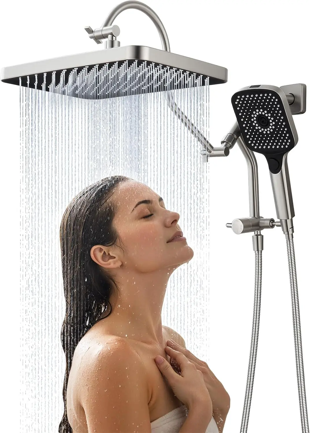 

13 Inch Rainfall Shower Head with Handheld Sprayer, Metal Diverter and Adjustable Arm for Easy Bathroom Cleaning