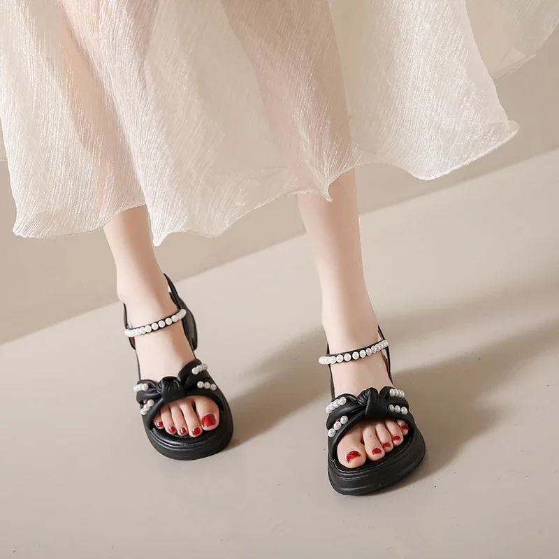 

2025 Brand Women's Shoes Elastic Band Women's Sandals Fashion String Bead Casual Sandal Swomen Summer Peep Toe Heeled Sandals