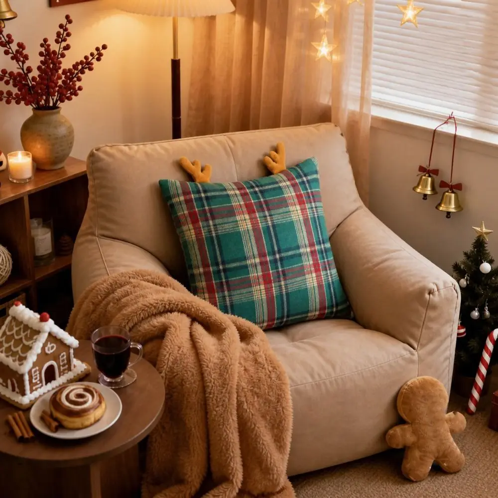 Creative Plaid Christmas Pillow Cover Festive Antlers Cushion Pillowslip Decorative Square Throw Pillow Cover Sofa