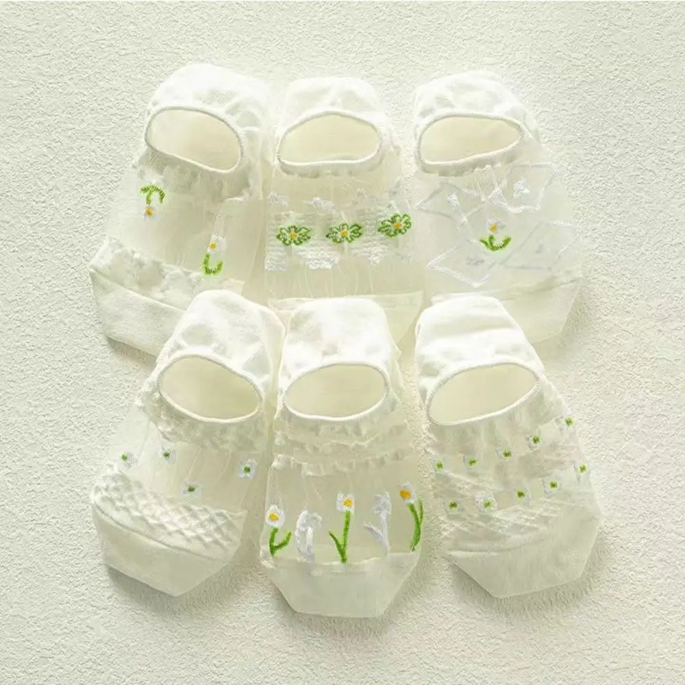 10Pairs الجوارب الأزهار الزجاج الحرير قارب الجوارب تنفس رقيقة زهرة غير مرئية الجوارب الحلو الزجاج شبكة حرير جورب قصير الصيف