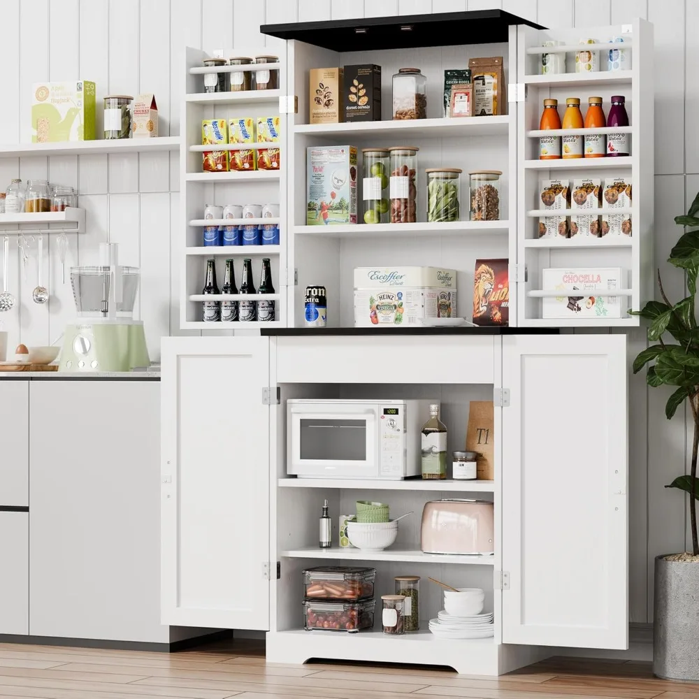 

Kitchen Pantry Storage Cabinet with Barn Doors, Drawer and Adjustable Shelves, 6-Tier Tall Rustic Wood Cupboard Locker for Kitc