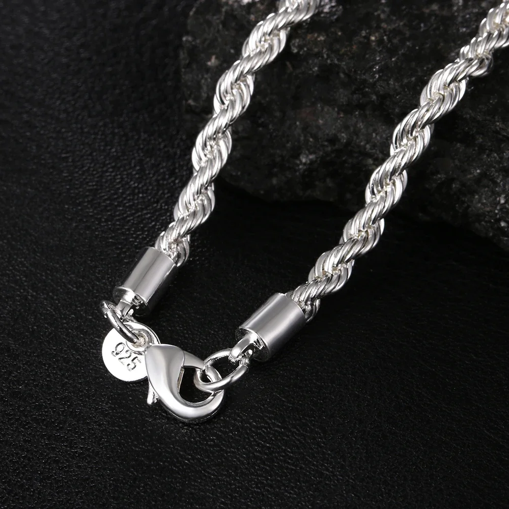 High Quality Fine 925 Sterling Silver Necklace Bracelets Set 4MM Women Men Chain Male Twisted Rope Fashion  Jewelry image 4