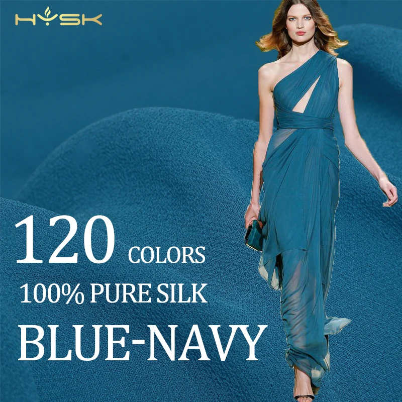 HYSK 100% silk heavy chiffon fabric blue transparent plain 120 multicolor pure mulbery China crepe georgette silk suit for sale