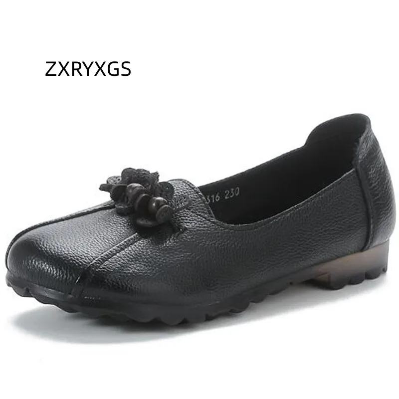 ZXRYXGS Ethnic Style Genuine Leather Flower Women Fashion Shoes Flat Shoes 2023 New Autumn Comfort Soft Sole Casual Shoes Flats