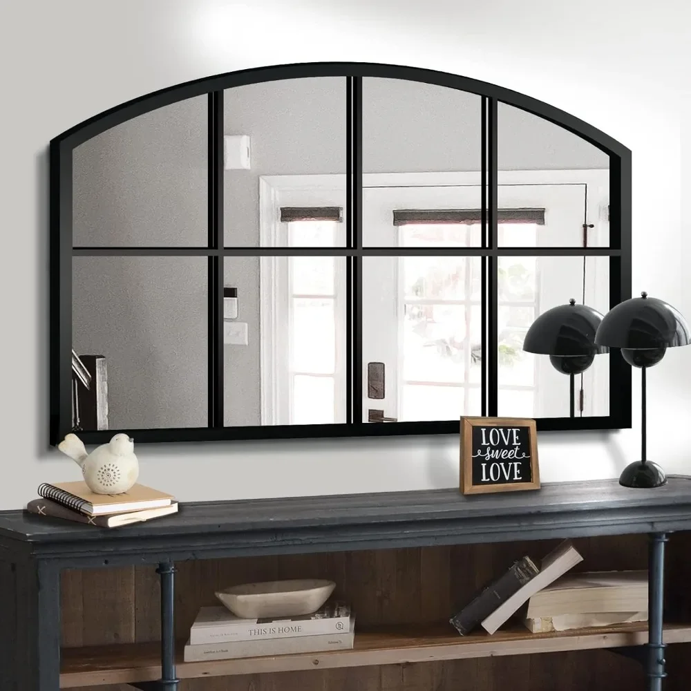 42“X28” Wide Window Pane Black Mirror,Farmhouse Arched Wall Mirror,Grid Mirror for Fireplace/Entryway/Hallway/Living Room