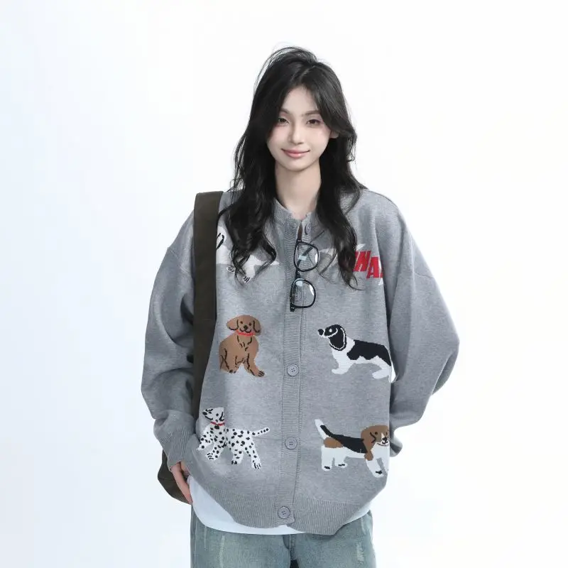 Korean Retro Personality Fun Cartoon Cute Puppy College Style Knitted Cardigan Jacket Women Street Ins Loose Lazy Style Sweater