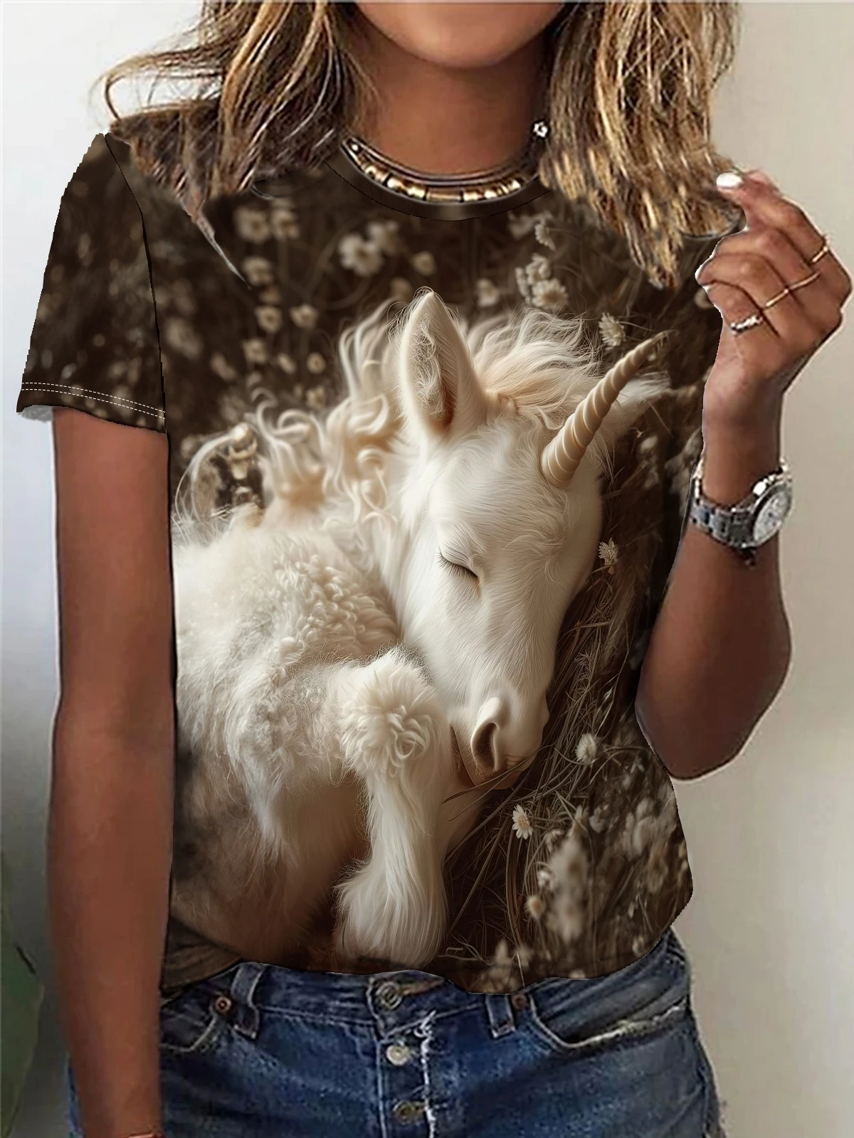 Unicorn Print T-shirt, Casual Crew Neck Short Sleeve Top For Spring & Summer, Women\'s Clothing