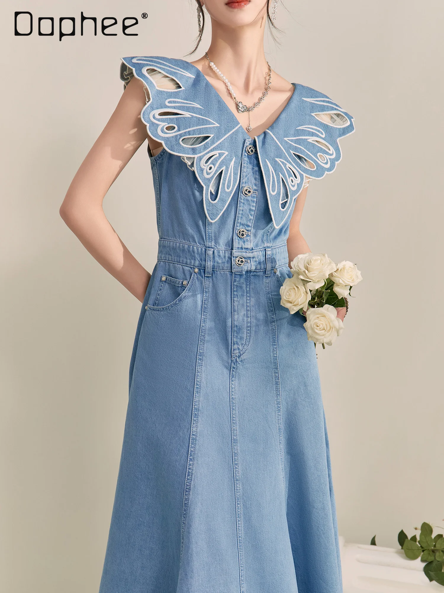 

French Temperament Socialite Dress High Sense Hollow Bow High Waist Slim Mid-length Dress for Women Office Lady A-line Dresses