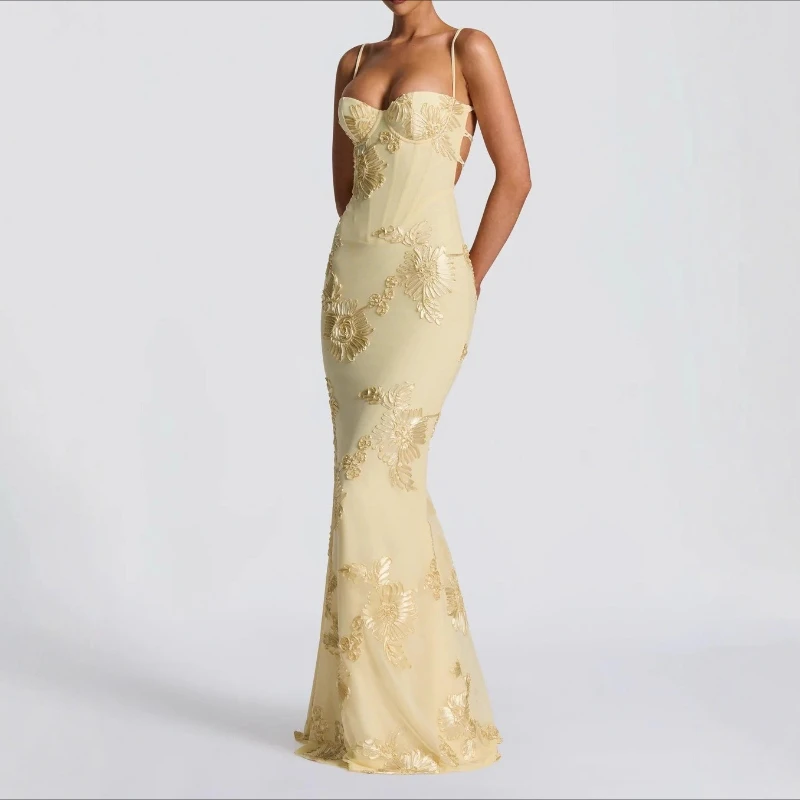 

Flower Evening Dress Party Temperament Sling Dress Slim French Backless Solid Color Dress