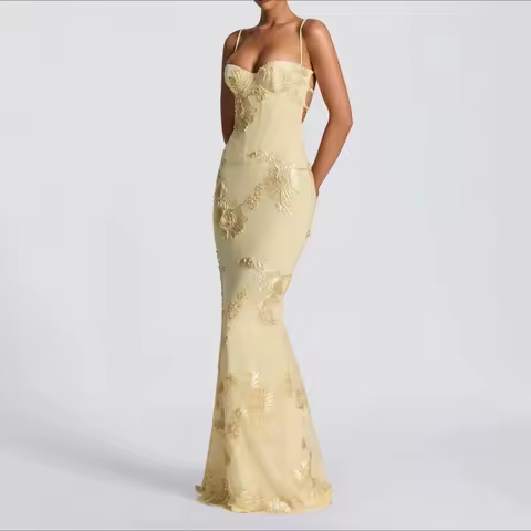 Flower Evening Dress Party Temperament Sling Dress Slim French Backless Solid Color Dress