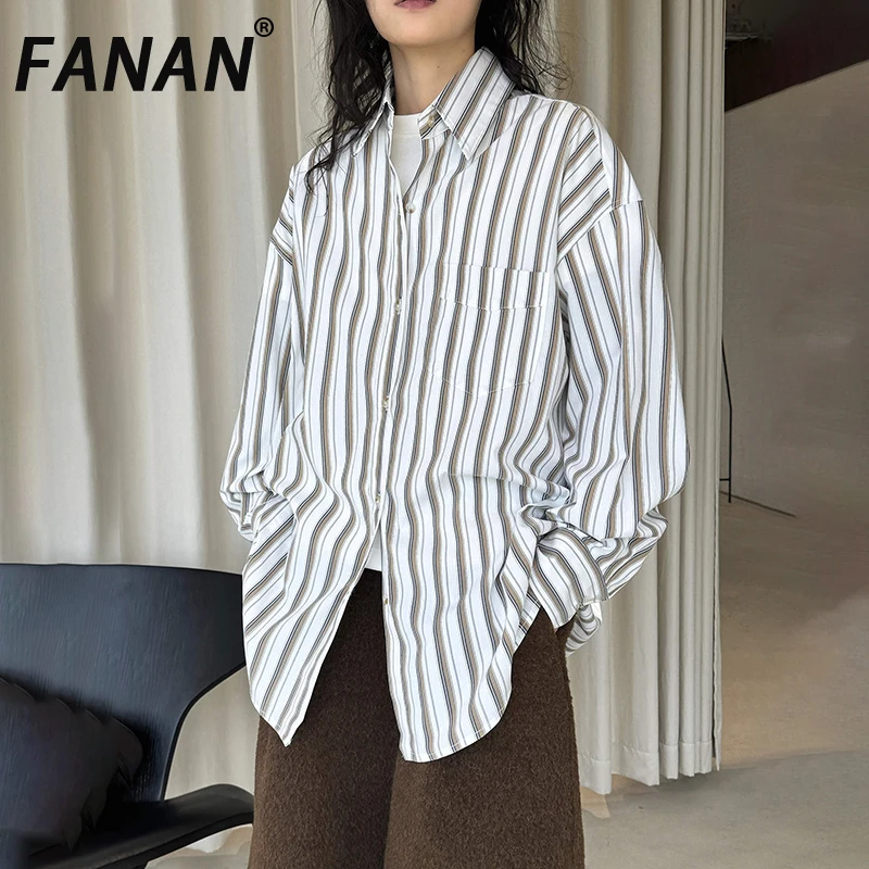 

FANAN Office Lady Striped Contrast Color Shirts For Women Lapel Single Breasted Temperament Loose Tops Female 2026 Spring New