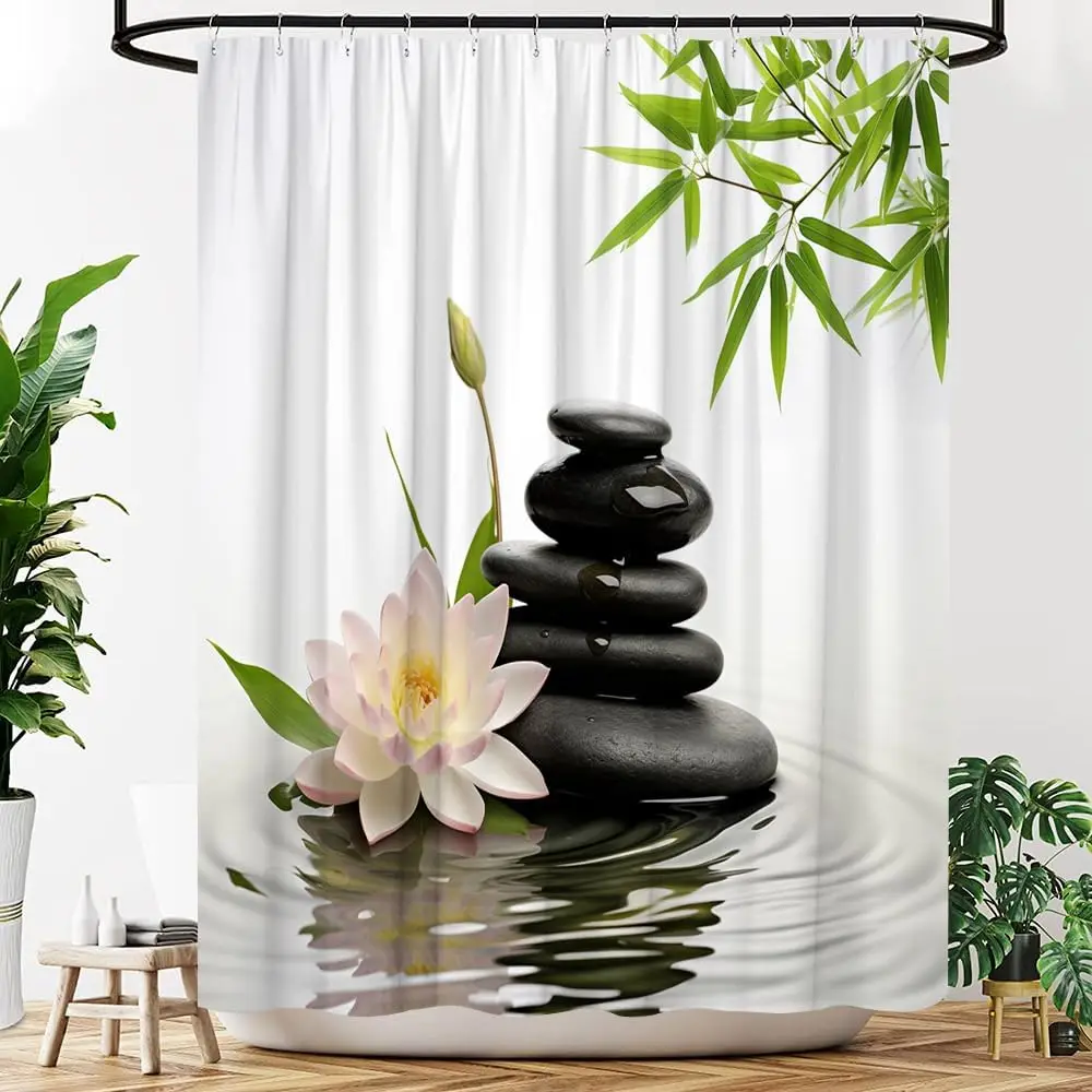 

Japanese Shower Curtain Zen Stone Spa Lotus Floral Bamboo Leaves Relaxing Aesthetic Minimalist Fabric Bathroom Decor Curtains