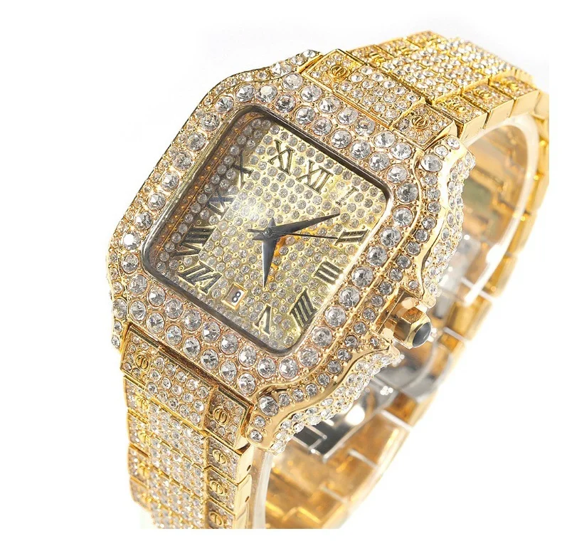 Orologi da uomo hip-hop europei e americani, moda, diamanti quadrati, orologi in scala romana, orologi con quadrante grande di fascia alta di nicchia