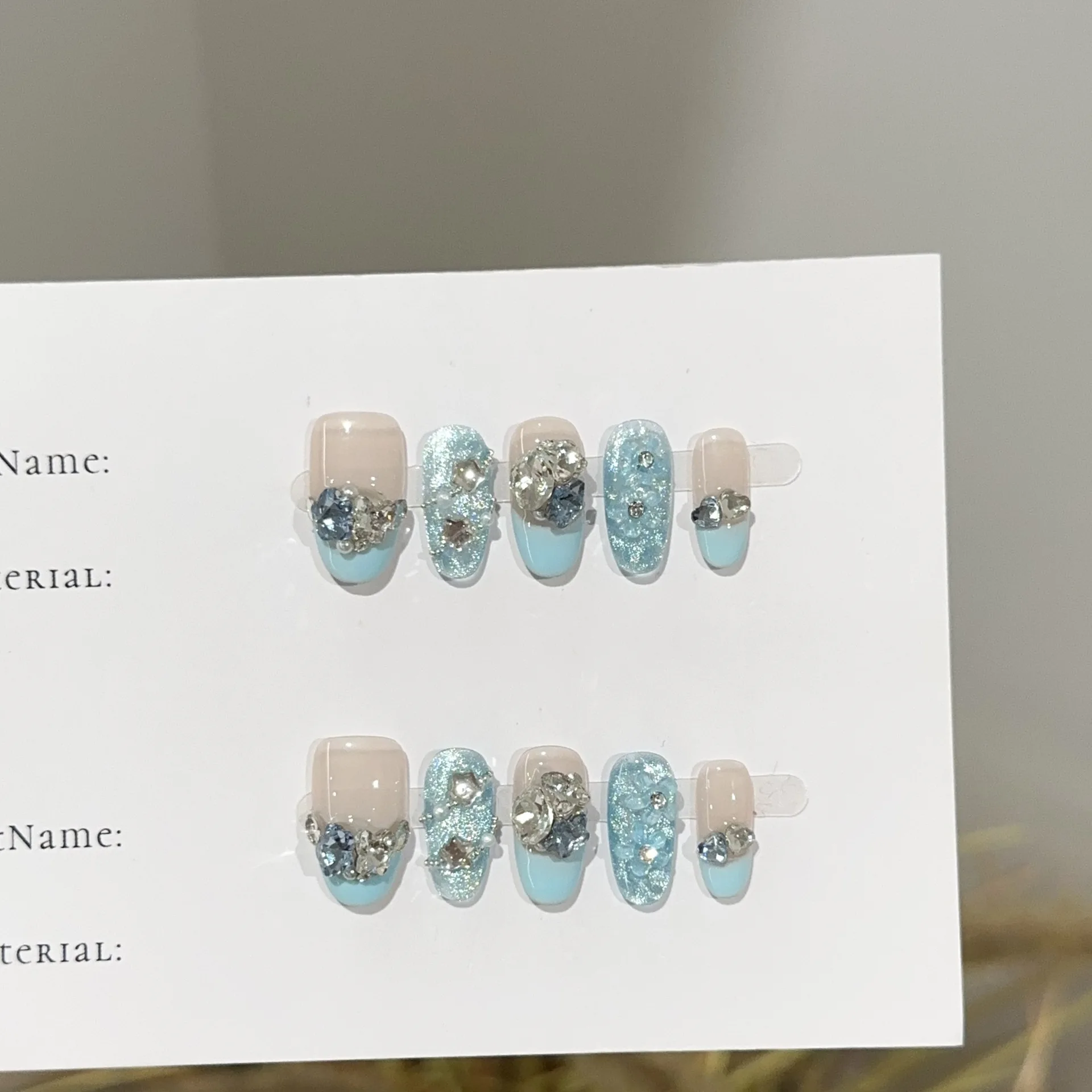 10Pcs Nude Baby Blue French Tip Handmade Nails Silver Glitter Multi Size Crystal Rhinestone Press on Nail for Women&Girl