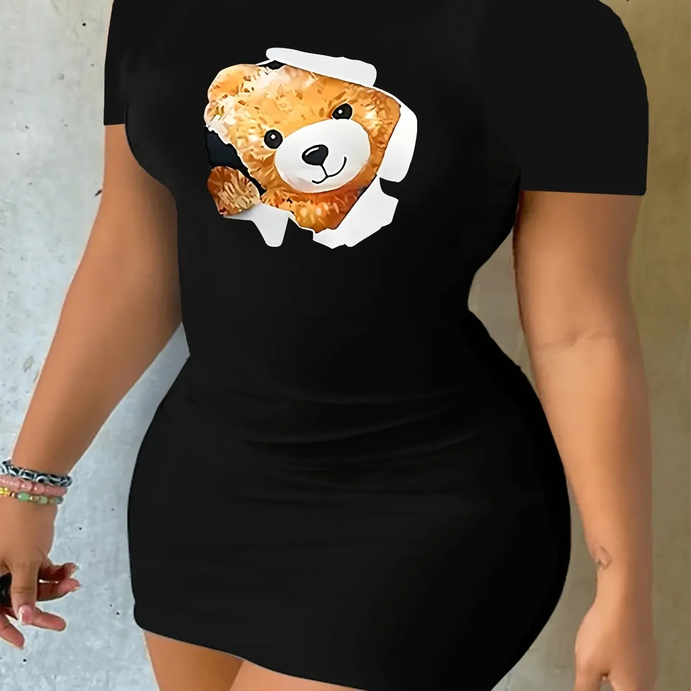 

Plus Size Women's Dress European Styles Round Neck Short Sleeve Bear Printed Dress 2025 Summer Casual Breathable Dress