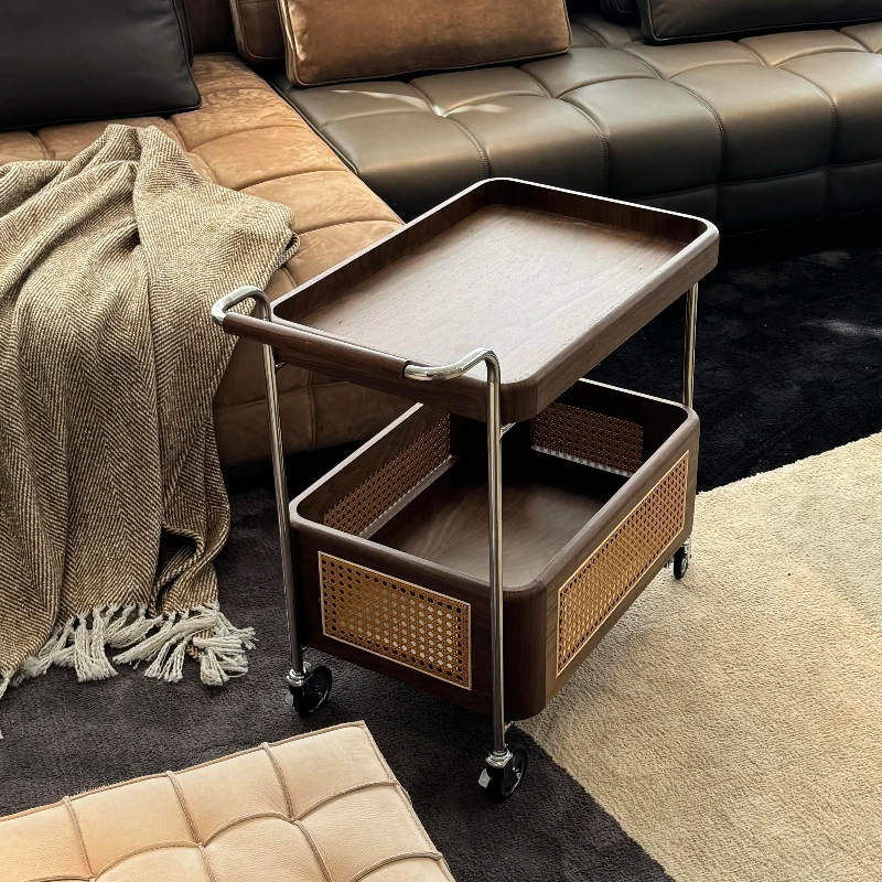 

Nordic Walnut Side Table Rattan Storage Cabinet Mobile Living Room Coffee Table Sofa 2 Layer Organizer Shelf Wooden Rolling Cart