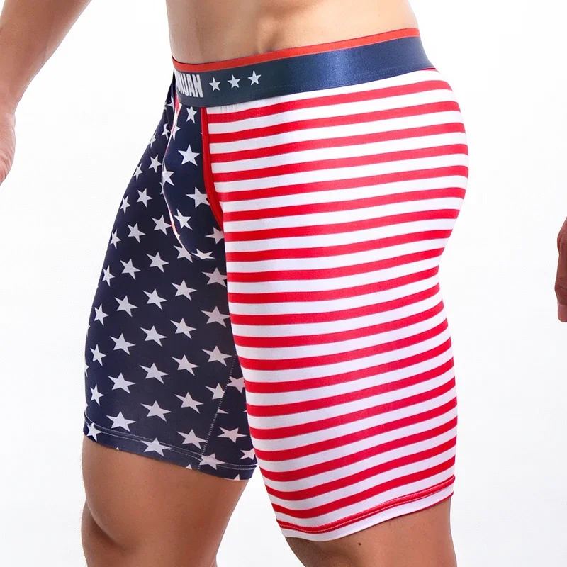 Men's Underwear Long Boxers Slim Fit Home Fitness Tights American Flag Printing Underpants Male Trunk Five Minutes Boxers