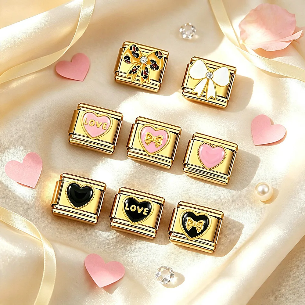 Pink Black Color Heart Love Bow Umbrella Lipstick Beads DIY Making Italian Charm Bracelet Stainless Steel Women Jewelry Gift