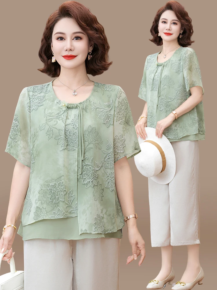

Новый китайский летний комплект одежды для мам: шелковая рубашка с коротким рукавом и свободные брюки с круглым вырезом, модный женский комплект из двух предметов