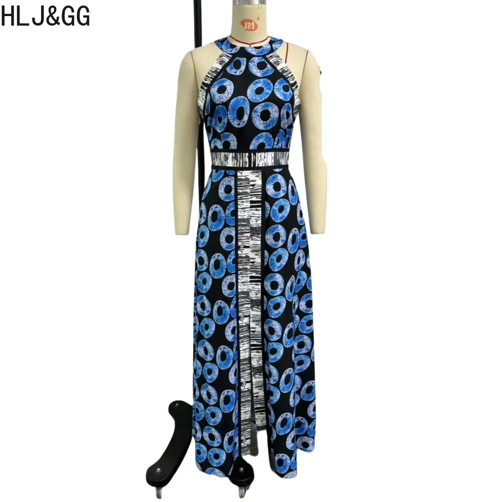 HLJ & GG-vestido largo elegante con estampado Retro azul para mujer, vestido largo acampanado con cuello redondo sin mangas, ropa con abertura para oficina, primavera 2025