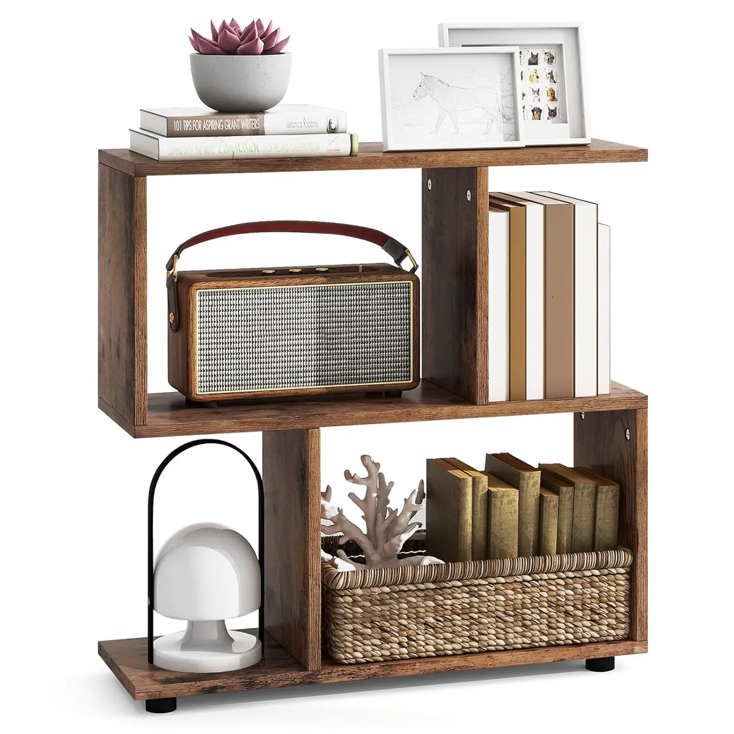 

Трехъярусная S-образная книжная полка, декоративная, для хранения, для гостиной, спальни, офиса, в деревенском стиле, коричневая, на заказ