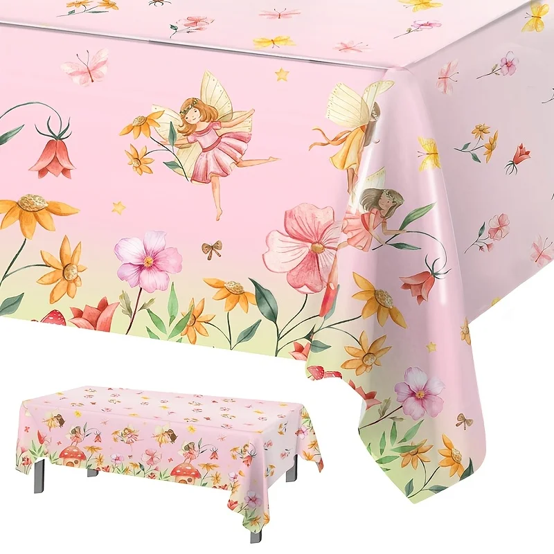 1pc,wedding decorations,summer decoration,garden decor for outside,outdoor decor,Flower Fairy Themed PE Tablecloth,Happy Birthda